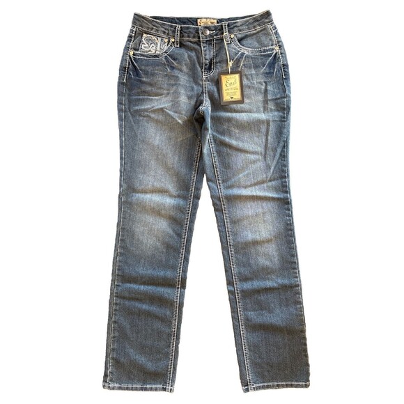 Earl Jeans Womens Embellished Beaded Jeans Sz 6 Denim Light Wash Straight Leg - Picture 1 of 15